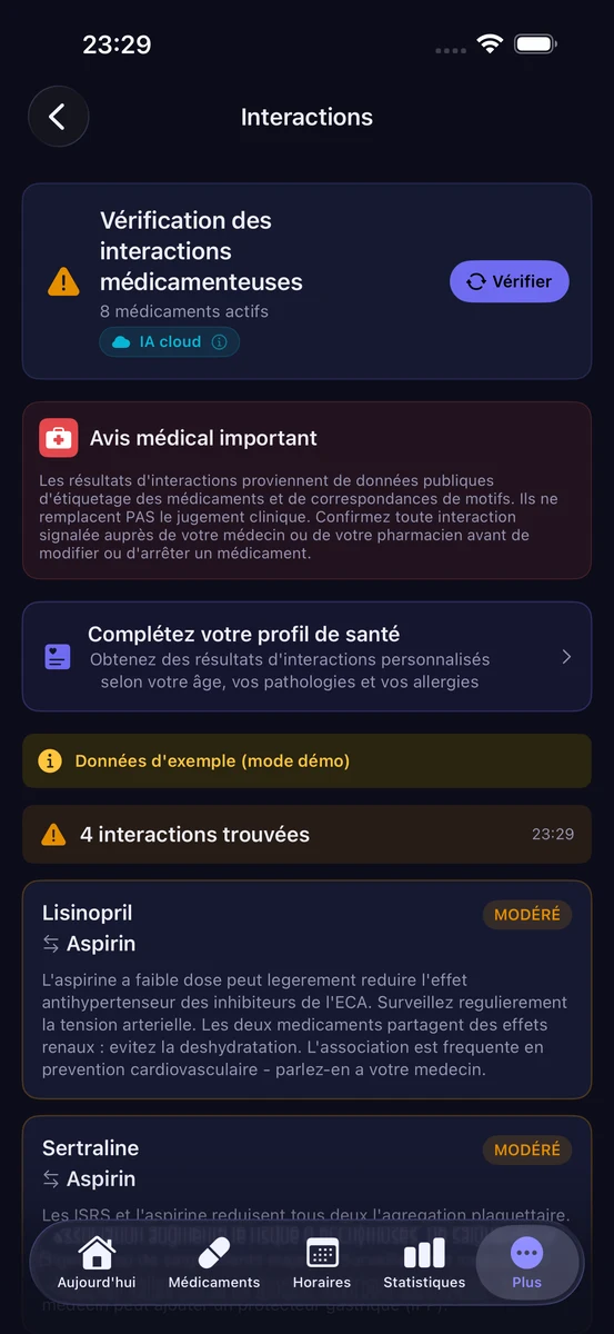 Écran des interactions médicamenteuses de ChronoPill
