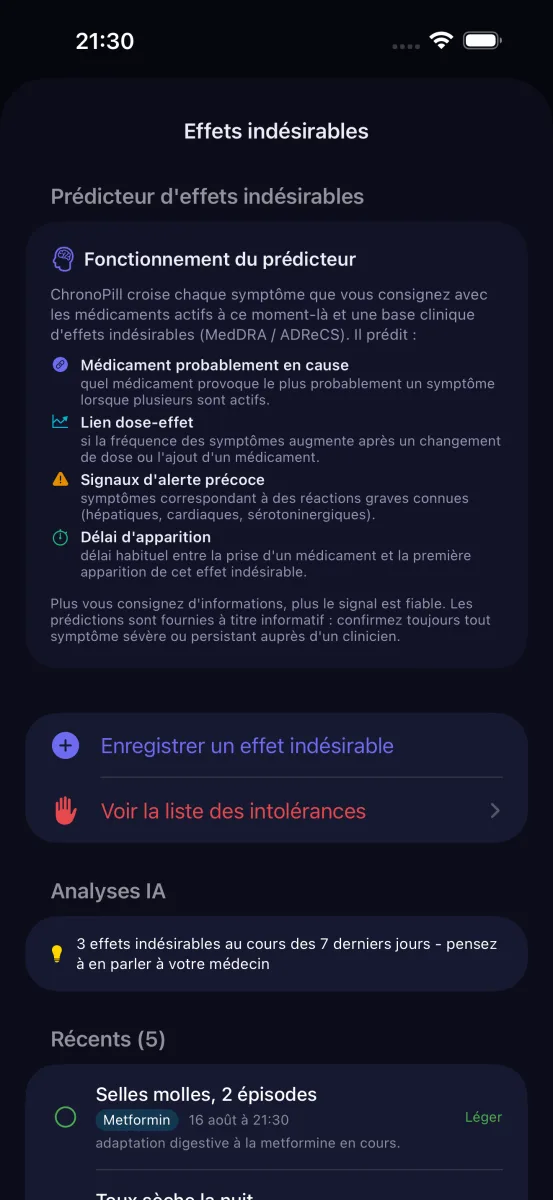 Explication du prédicteur d'effets secondaires ChronoPill