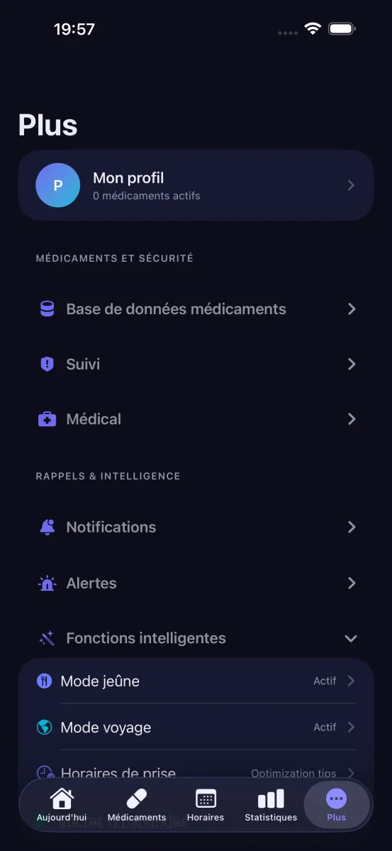 Menu des fonctions intelligentes de ChronoPill