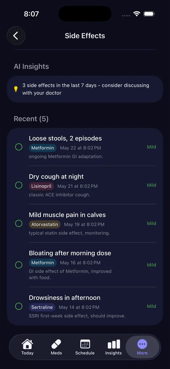 ChronoPill AI side effects screen ranking dry cough at night Lisinopril, mild muscle pain Atorvastatin, bloating Metformin, drowsiness Sertraline by likelihood with on-device default and cloud opt-in toggle
