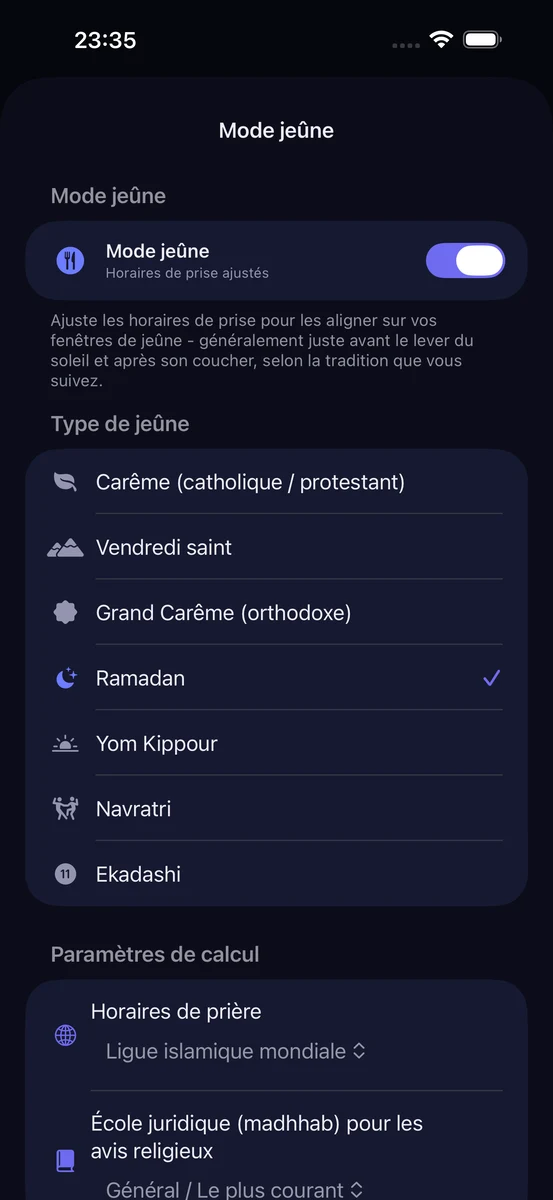 Écran Mode Jeûne de ChronoPill activé, tradition Carême catholique/protestant sélectionnée, avec options Vendredi saint, Grand Carême orthodoxe, Ramadan, Yom Kippour, Navratri, Ekadashi