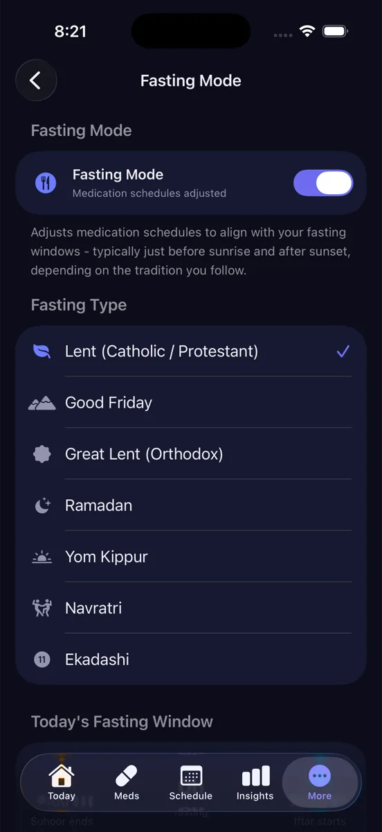 ChronoPill Fasting Mode screen with toggle on, selected Lent Catholic Protestant tradition, and options for Good Friday, Great Lent Orthodox, Ramadan, Yom Kippur, Navratri, Ekadashi