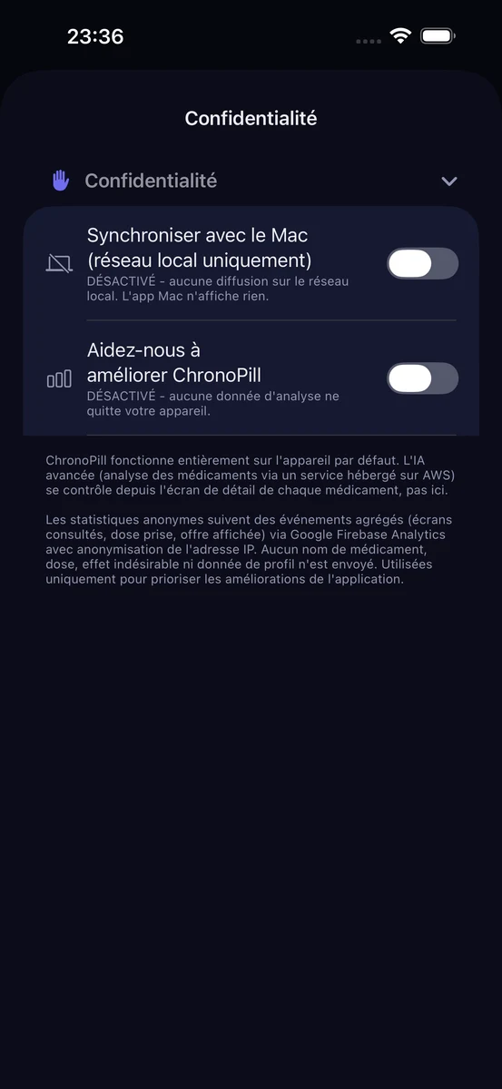Écran de confidentialité ChronoPill mettant en avant la base de médicaments US FDA intégrée à l'app et l'absence totale de synchronisation cloud des données de médication