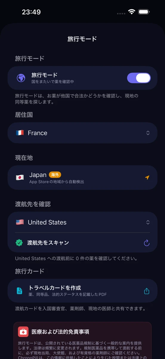 ChronoPillのトラベルモード画面。米国と日本の国別データベースをダウンロード済み、37件のスケジュール調整、1件の渡航アラート、50件の同等薬。Lisinopril は リシノプリル に対応付け