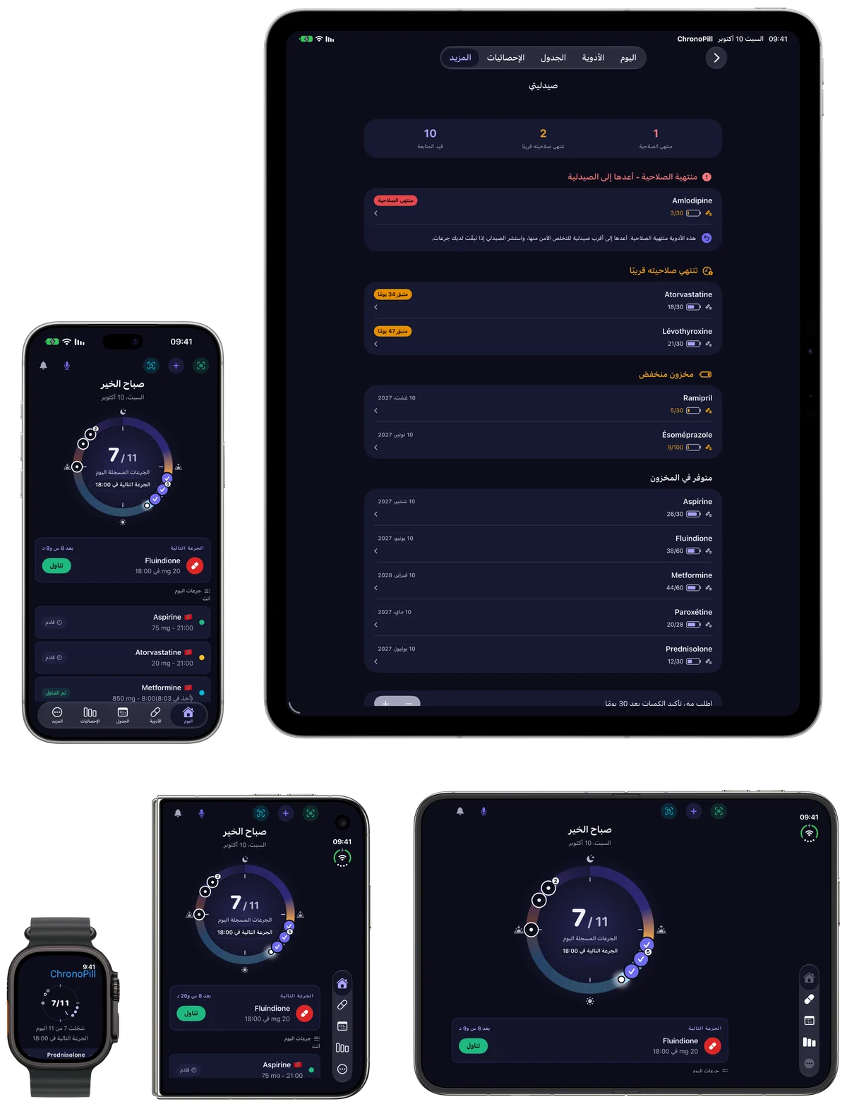 ChronoPill على iPad وiPhone وiPhone Duo (مفتوحًا ومغلقًا) وApple Watch