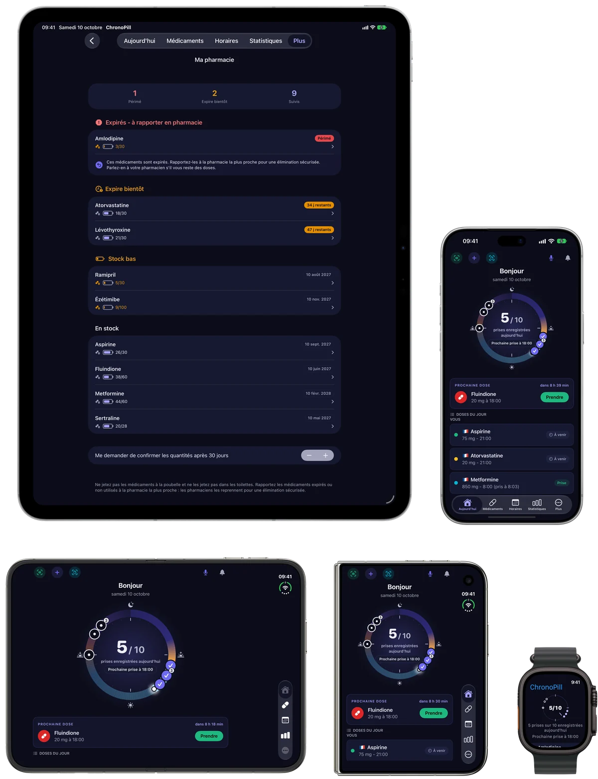 ChronoPill sur iPad, iPhone, iPhone Duo (ouvert et fermé) et Apple Watch