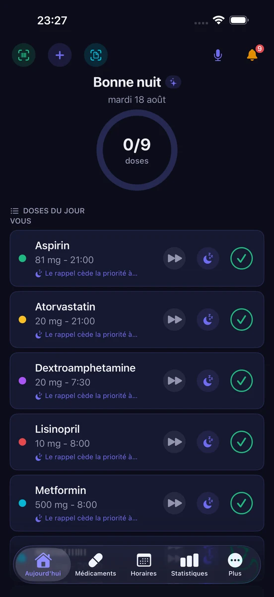 Écran Aujourd'hui de ChronoPill sur iPhone : 5 doses sur 7 prises et la liste des médicaments du jour