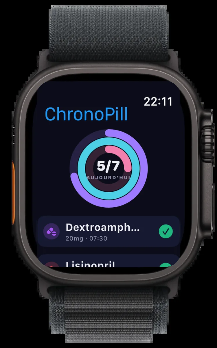 ChronoPill sur Apple Watch : anneaux de progression des prises du jour et rappel de la prochaine dose
