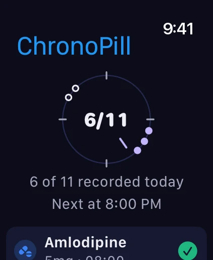 ChronoPill on Apple Watch Ultra showing the 24-hour day dial and the doses recorded today
