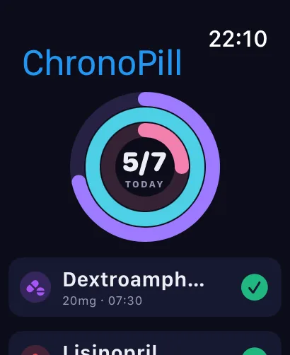 ChronoPill on Apple Watch Ultra showing the dose progress rings and next dose countdown